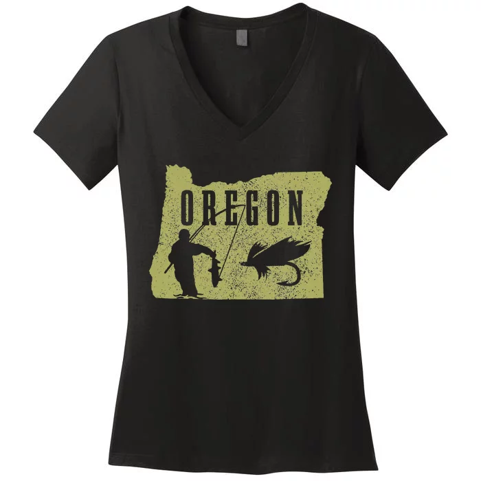 Oregon Fly Fishing Vintage State Map Fish Trout Fisherman Women's V-Neck T-Shirt