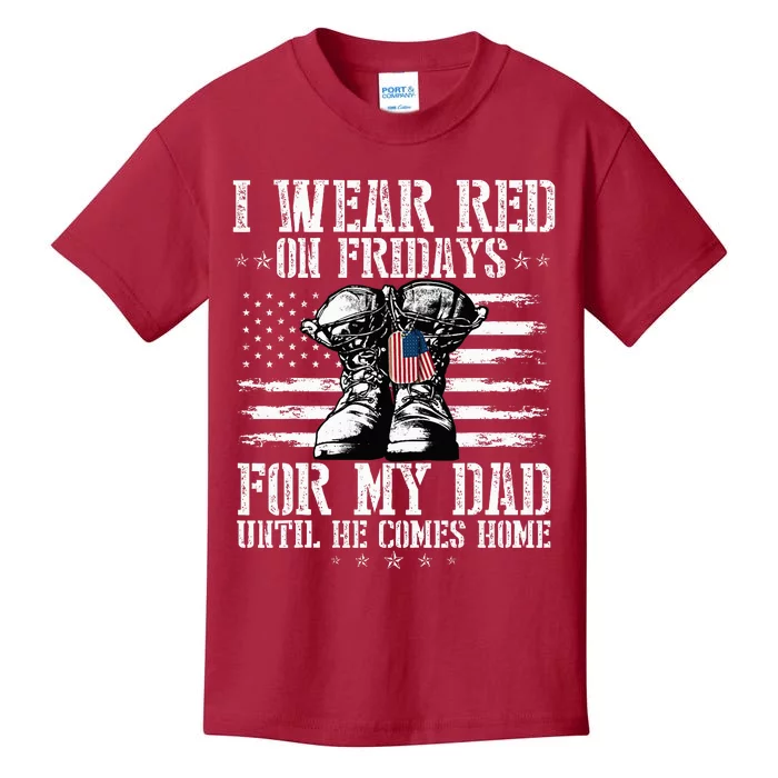 On Friday I Wear Red For My Dad Combat Boots Veteran Kids T-Shirt