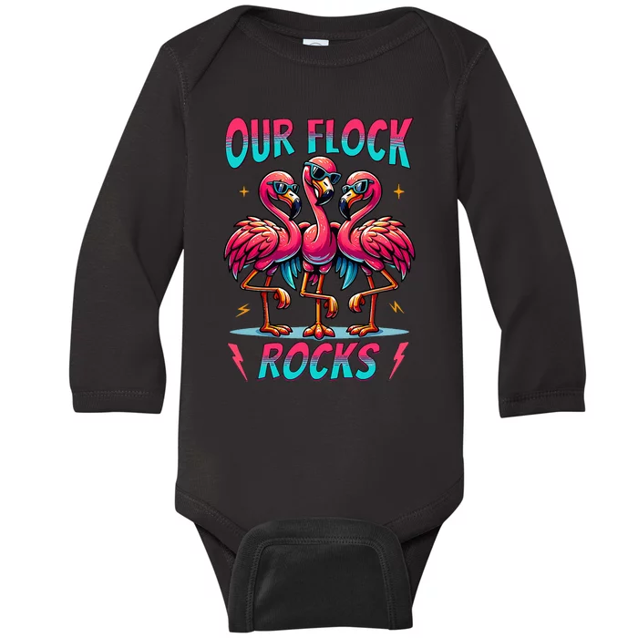 Our Flock Rocks Cute Flamingo Matching Family Vacation Group Baby Long Sleeve Bodysuit