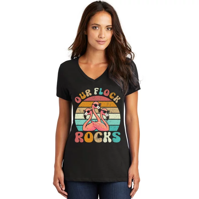 Our Flock Rocks Flamingo Matching Family Women's V-Neck T-Shirt