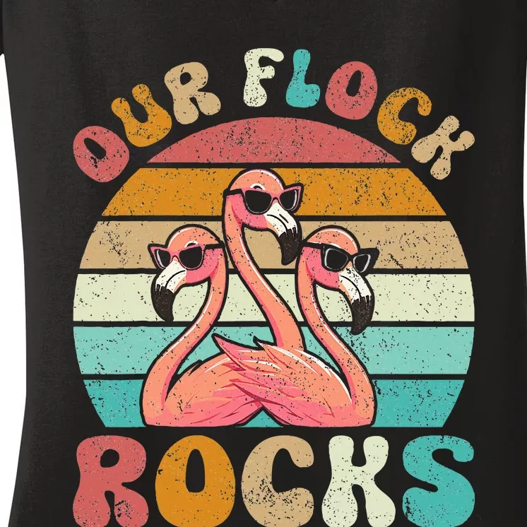 Our Flock Rocks Flamingo Matching Family Women's V-Neck T-Shirt