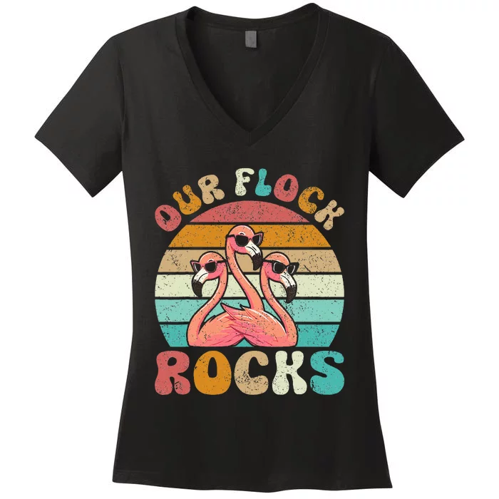 Our Flock Rocks Flamingo Matching Family Women's V-Neck T-Shirt