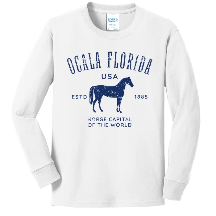 Ocala Florida Usa Horse Capital Distressed Equestrian Design Kids Long Sleeve Shirt