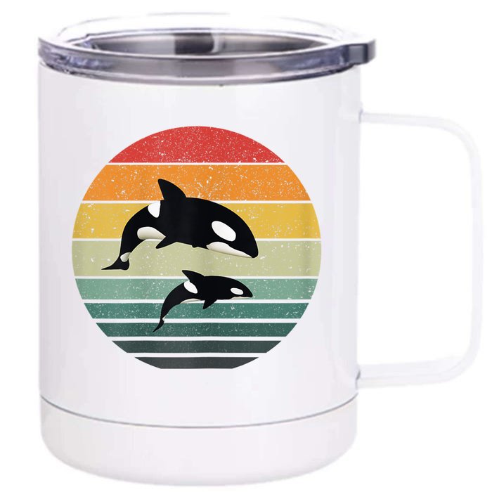 Orca Family Vintage Retro Art, Killer Whale Family Front & Back 12oz Stainless Steel Tumbler Cup