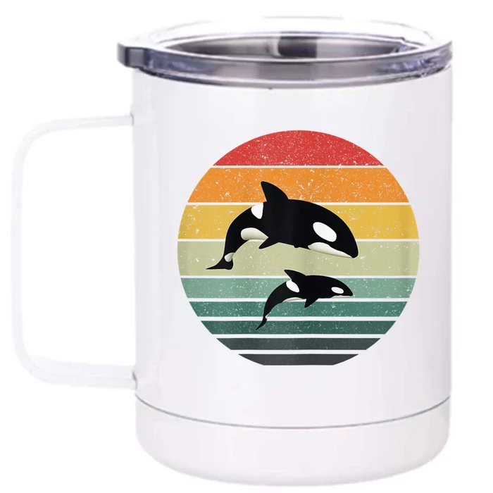 Orca Family Vintage Retro Art, Killer Whale Family Front & Back 12oz Stainless Steel Tumbler Cup