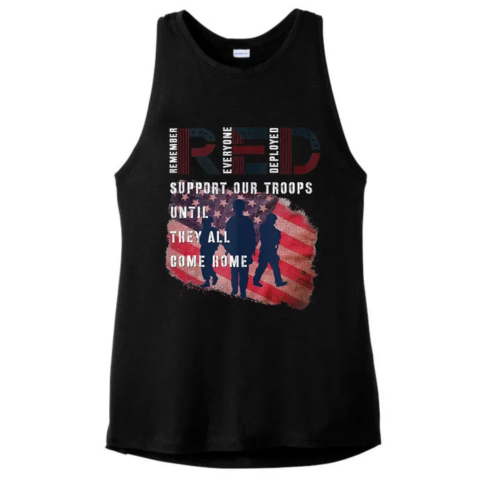 On Friday We Wear Red Friday Military Support Troops US Flag Ladies Tri-Blend Wicking Tank