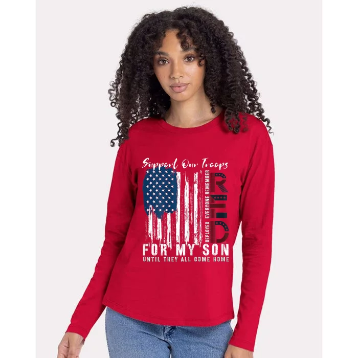 On Friday We Wear Red For My Son Military Support Us Flag Womens Cotton Relaxed Long Sleeve T-Shirt