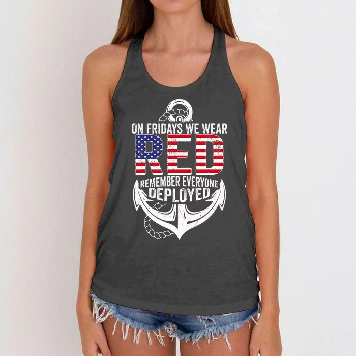 On Fridays We Wear Red Friday Navy Gift Distressed Women's Knotted Racerback Tank