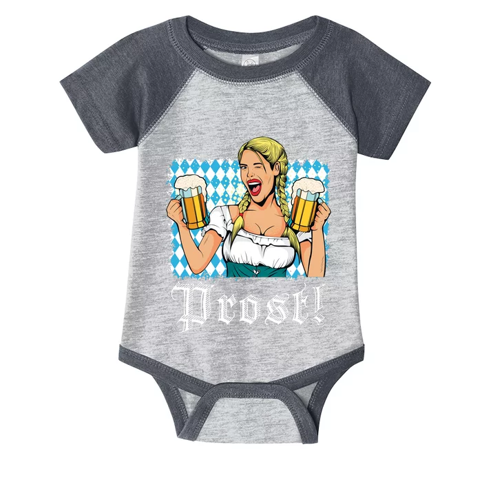 Oktoberfest Beer German Girl Bavarian Flag Drinking Prost Infant Baby Jersey Bodysuit