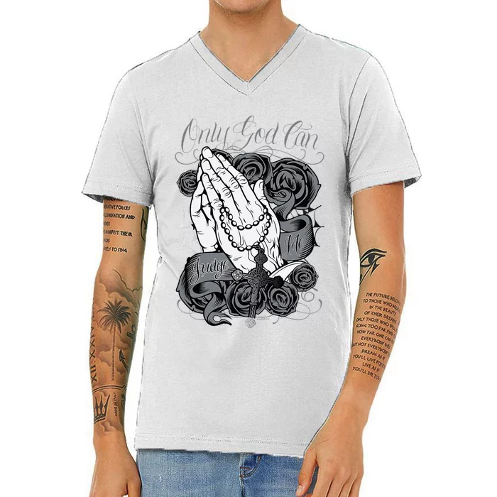 Only God Can Judge Me Chicano Low Rider Graphic Art V-Neck T-Shirt