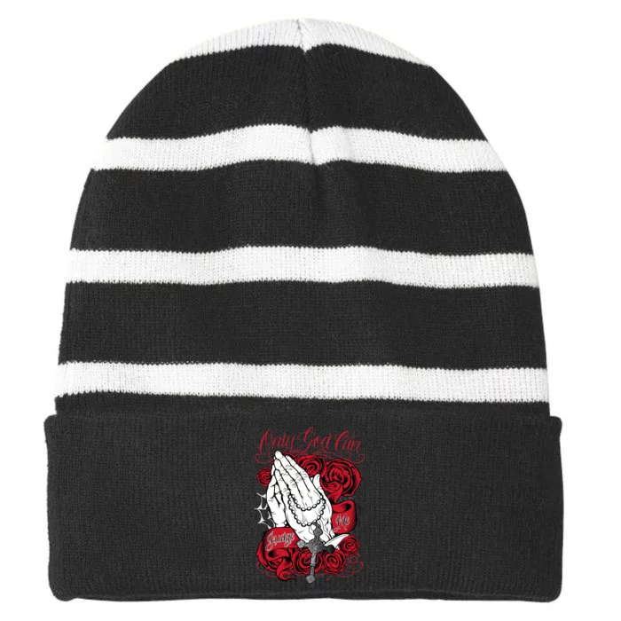 Only God Can Judge Me Red Striped Beanie with Solid Band