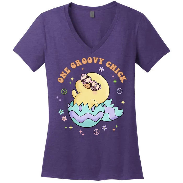 One Groovy Chick Funny Cute Baby Chicken Women's V-Neck T-Shirt