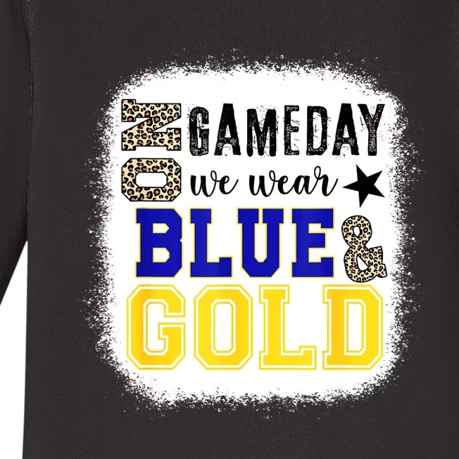 On Game Day Football We Wear Gold And Blue Leopard Print Baby Long Sleeve Bodysuit