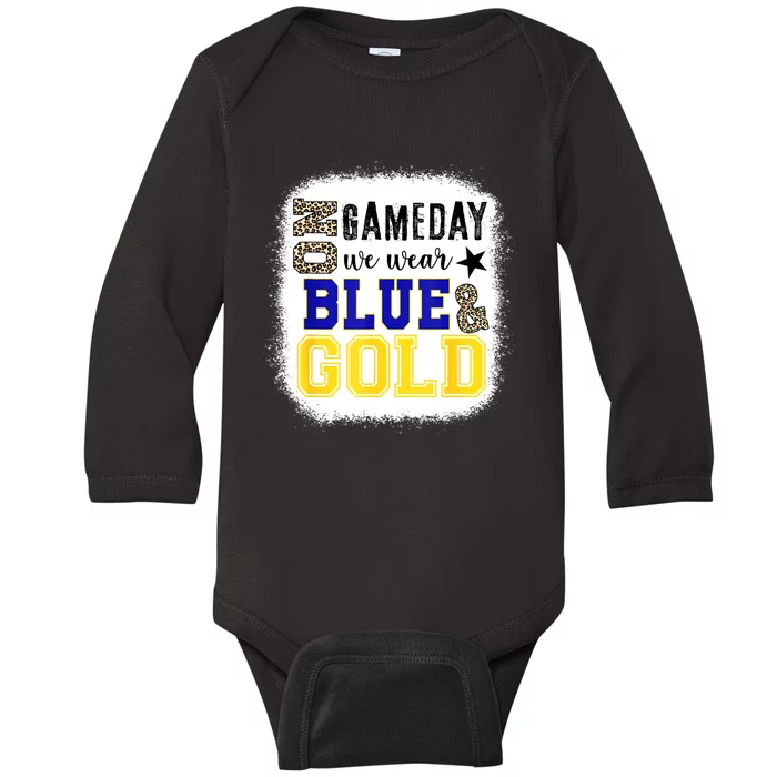 On Game Day Football We Wear Gold And Blue Leopard Print Baby Long Sleeve Bodysuit