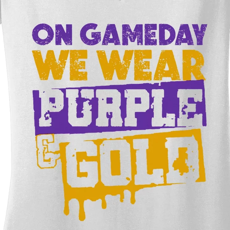 On Game Day Football We Wear Purple And Gold Leopard Women's V-Neck T-Shirt