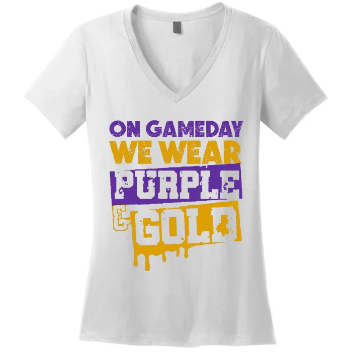 On Game Day Football We Wear Purple And Gold Leopard Women's V-Neck T-Shirt