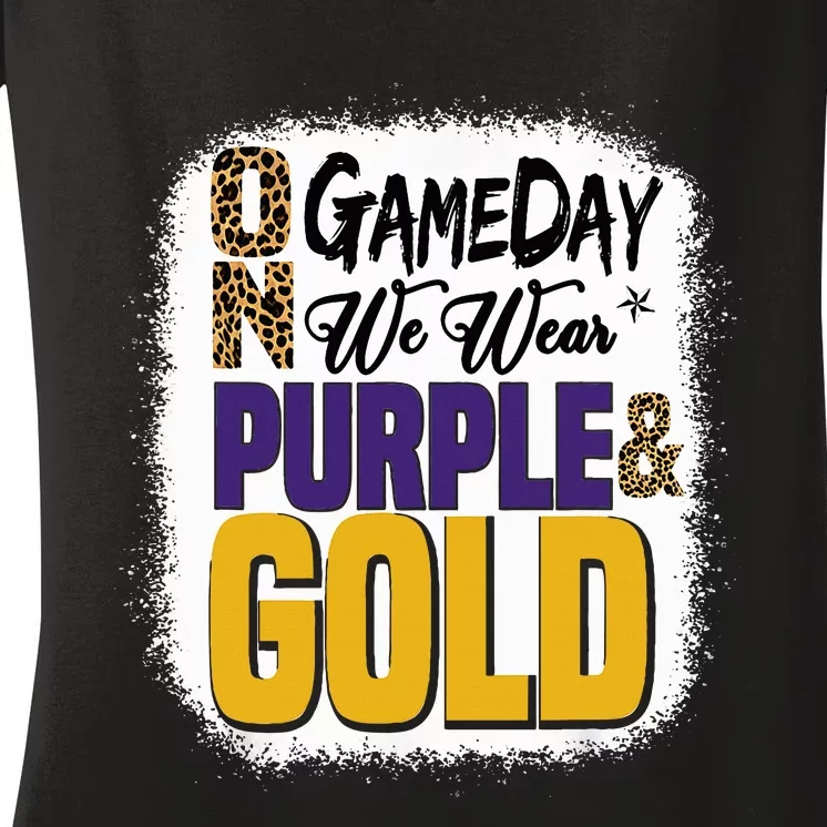 On Game Day Football We Wear Purple And Gold Leopard Print Women's V-Neck T-Shirt