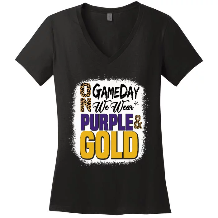 On Game Day Football We Wear Purple And Gold Leopard Print Women's V-Neck T-Shirt