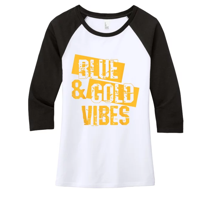 On Game Day Football We Wear Blue And Vibes Gold School Spirit Women's Tri-Blend 3/4-Sleeve Raglan Shirt