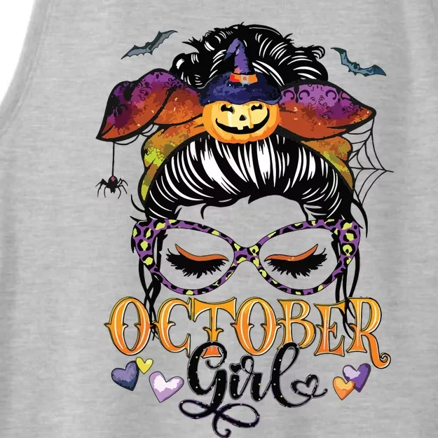 October Girl Halloween Messy Bun Lady Hair Glasses Leopard Ladies Tri-Blend Wicking Tank