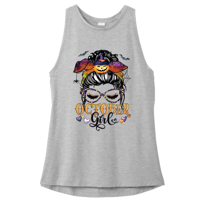 October Girl Halloween Messy Bun Lady Hair Glasses Leopard Ladies Tri-Blend Wicking Tank