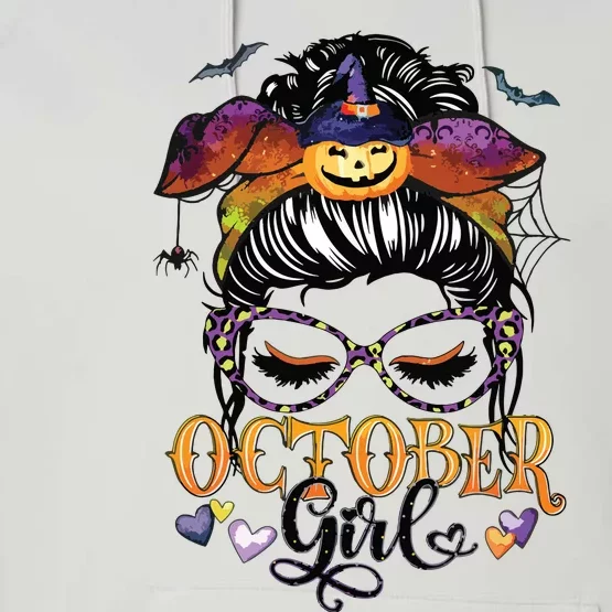 October Girl Halloween Messy Bun Lady Hair Glasses Leopard Performance Fleece Hoodie