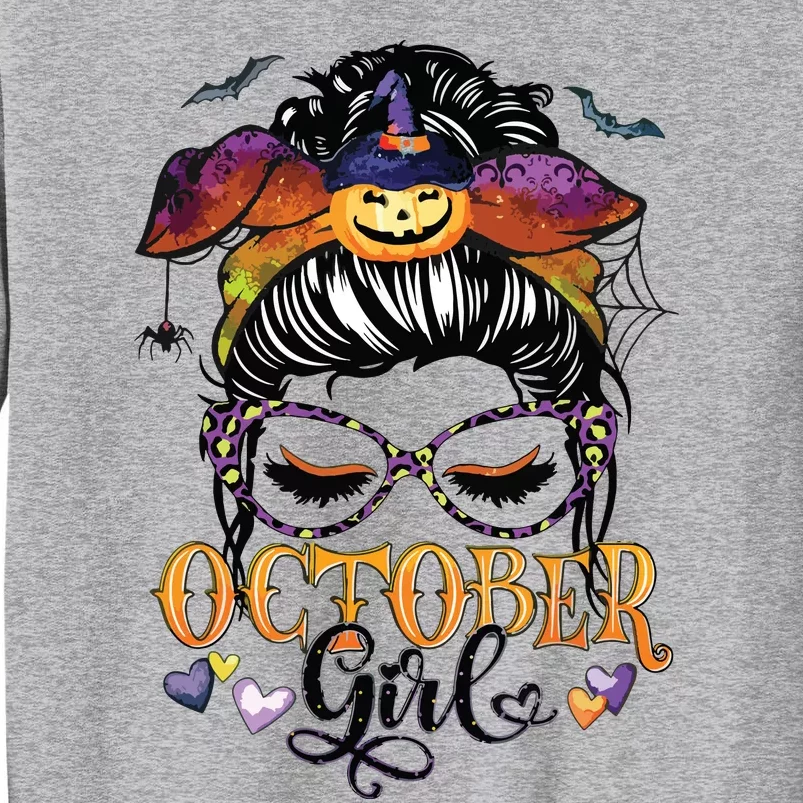 October Girl Halloween Messy Bun Lady Hair Glasses Leopard Tall Sweatshirt