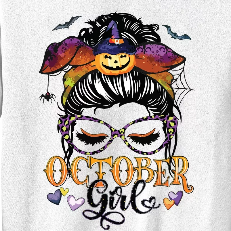 October Girl Halloween Messy Bun Lady Hair Glasses Leopard Sweatshirt