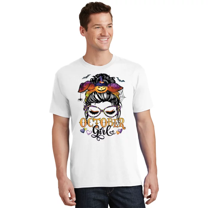 October Girl Halloween Messy Bun Lady Hair Glasses Leopard T-Shirt