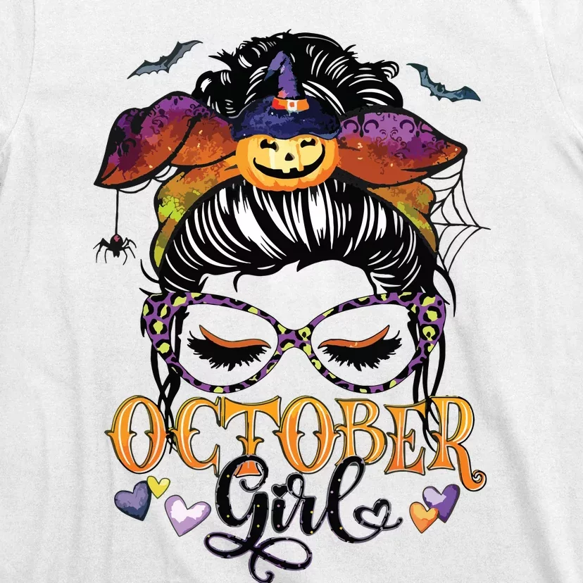 October Girl Halloween Messy Bun Lady Hair Glasses Leopard T-Shirt