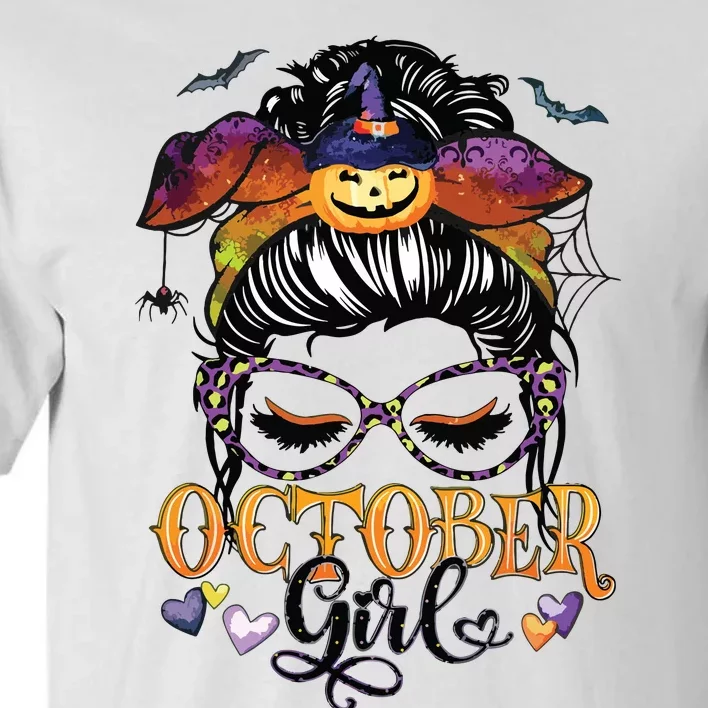 October Girl Halloween Messy Bun Lady Hair Glasses Leopard Tall T-Shirt