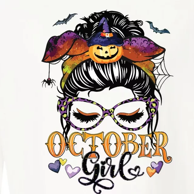 October Girl Halloween Messy Bun Lady Hair Glasses Leopard Cropped Pullover Crew