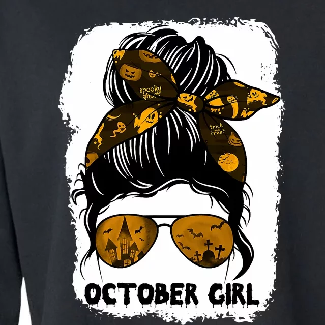 October Girl Messy Bun Lady Hair Horror Sunglasses Halloween Cropped Pullover Crew