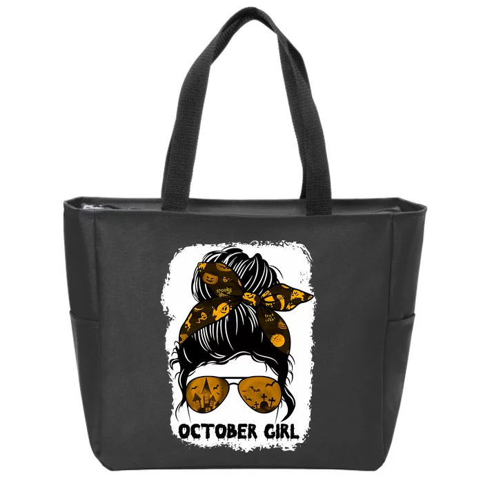 October Girl Messy Bun Lady Hair Horror Sunglasses Halloween Zip Tote Bag