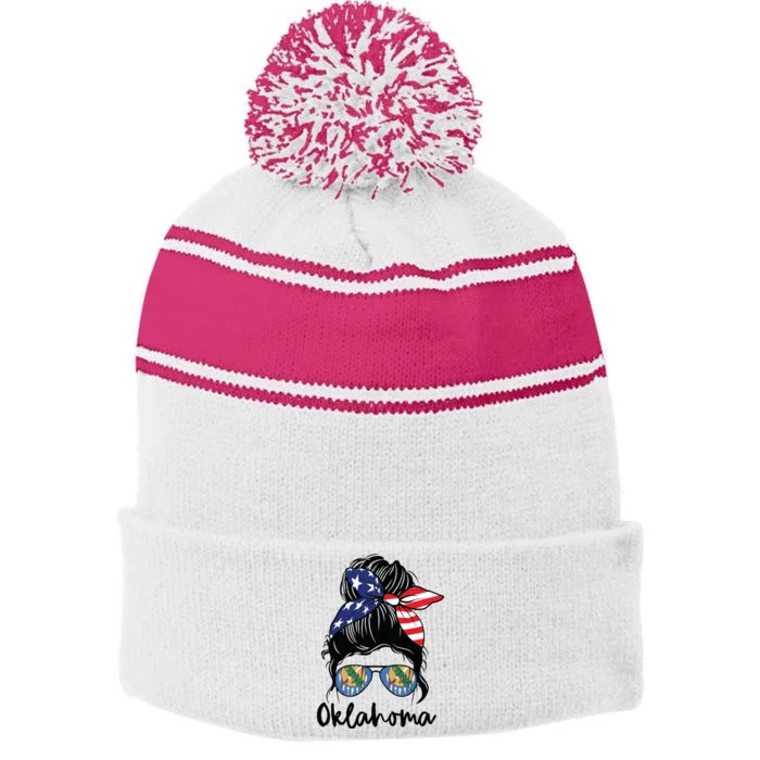 Oklahoma Girl Oklahoma Flag State Girlfriend Messy Bun Stripe Pom Pom Beanie