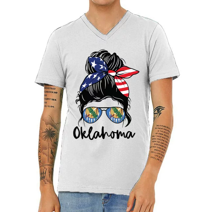 Oklahoma Girl Oklahoma Flag State Girlfriend Messy Bun V-Neck T-Shirt