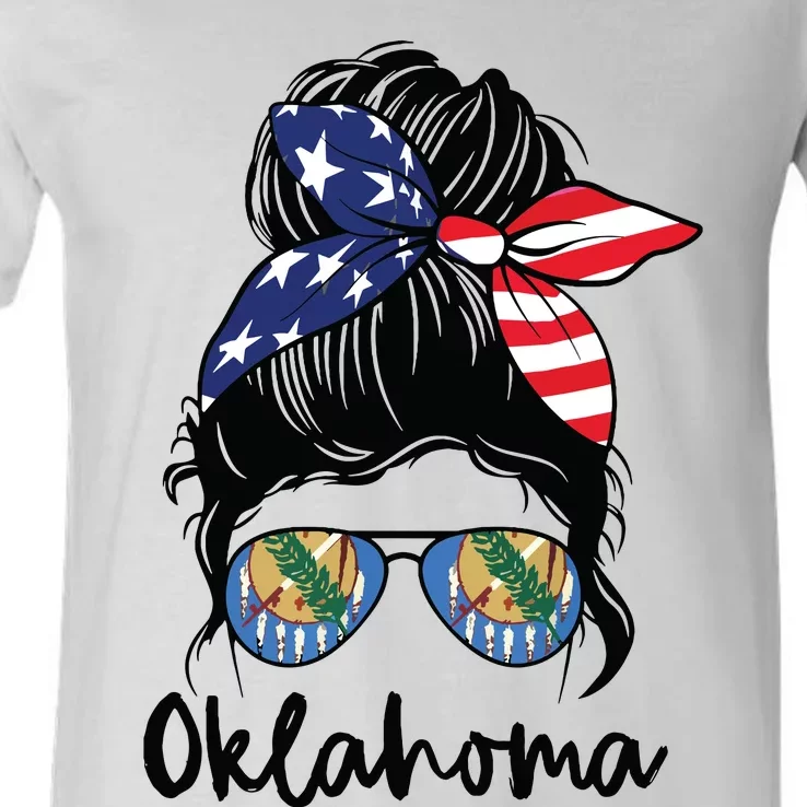 Oklahoma Girl Oklahoma Flag State Girlfriend Messy Bun V-Neck T-Shirt