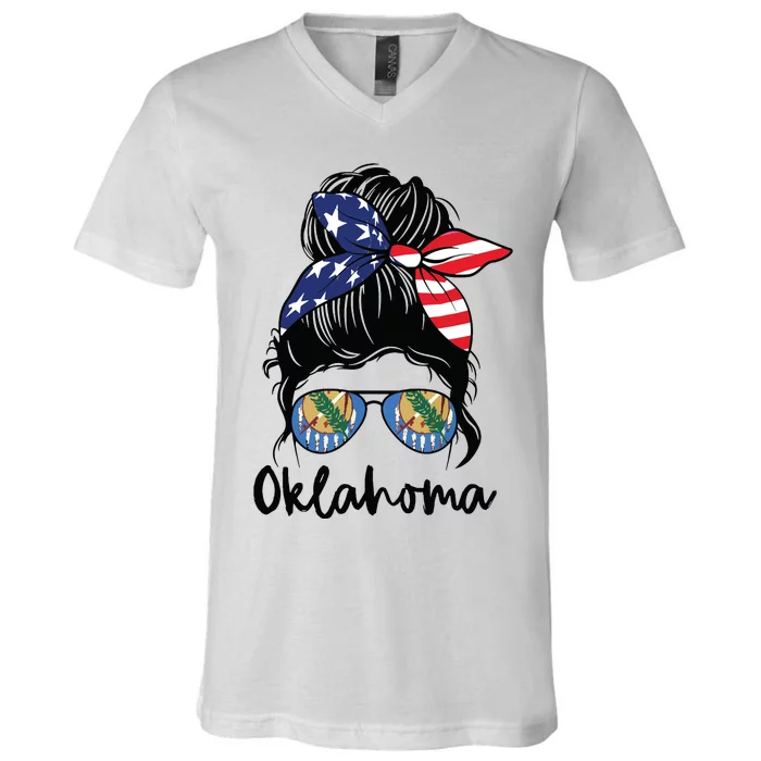 Oklahoma Girl Oklahoma Flag State Girlfriend Messy Bun V-Neck T-Shirt