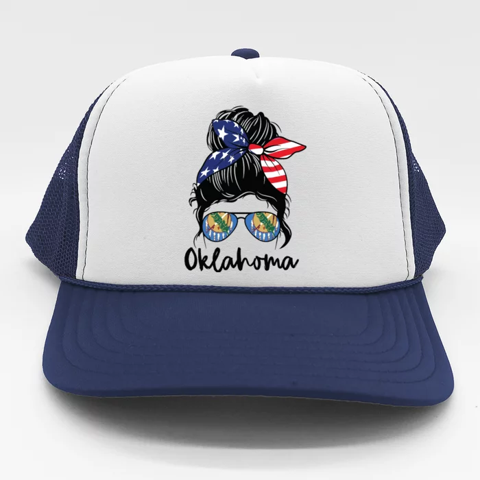 Oklahoma Girl Oklahoma Flag State Girlfriend Messy Bun Trucker Hat