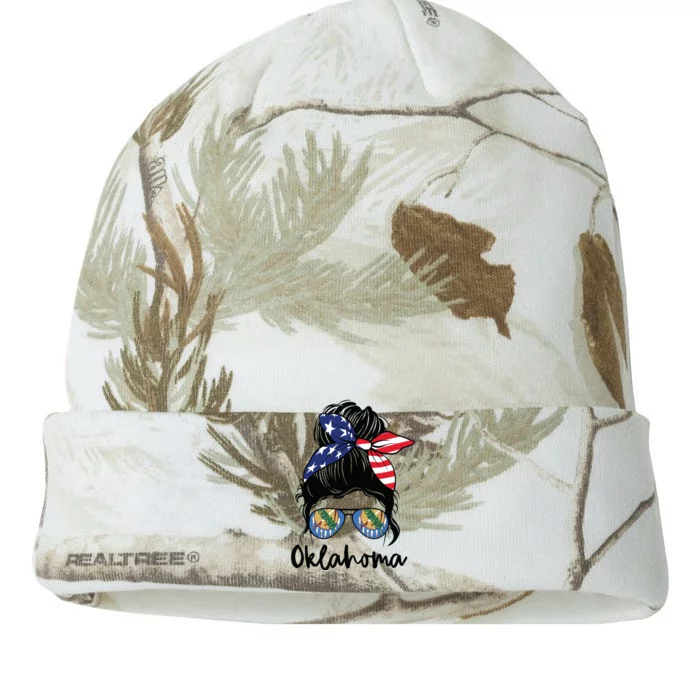 Oklahoma Girl Oklahoma Flag State Girlfriend Messy Bun Kati - 12in Camo Beanie