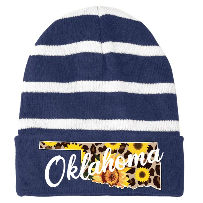 Oklahoma Girl Sunflower Leopard Rustic Black State Pride Striped Beanie with Solid Band