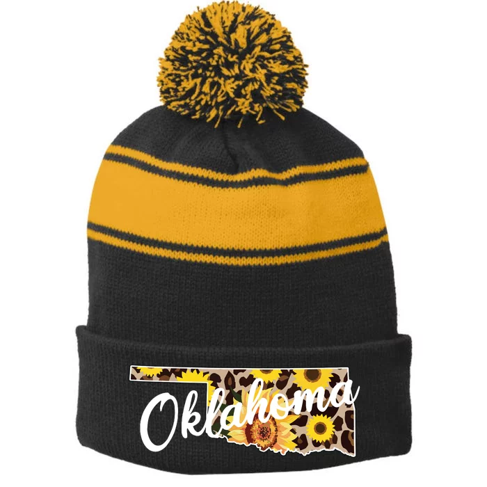 Oklahoma Girl Sunflower Leopard Rustic Black State Pride Stripe Pom Pom Beanie