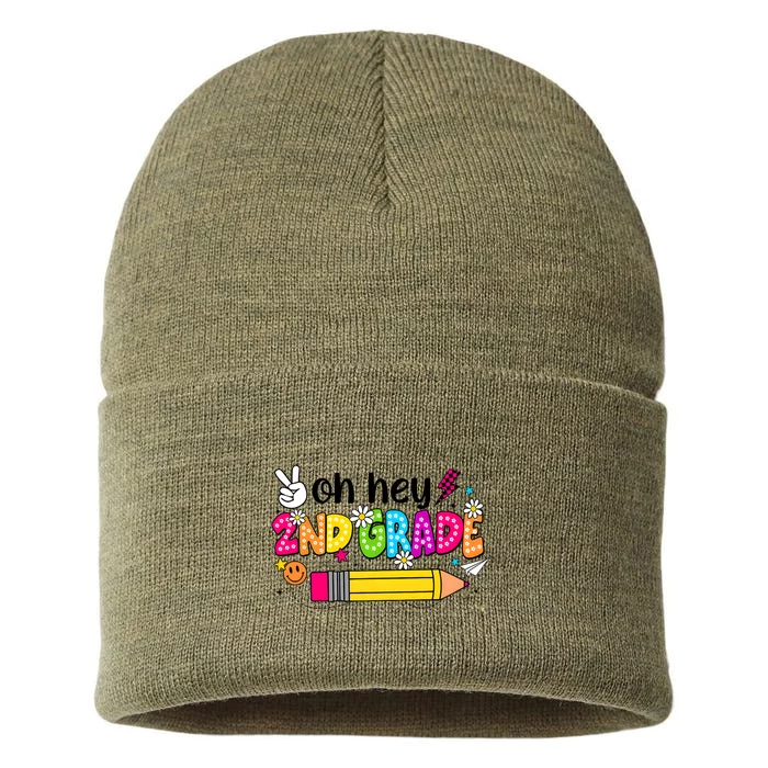 Oh Hey 2nd Grade Back To School Students Teachers Groovy Sustainable Knit Beanie