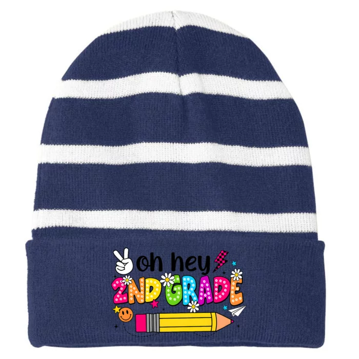 Oh Hey 2nd Grade Back To School Students Teachers Groovy Striped Beanie with Solid Band