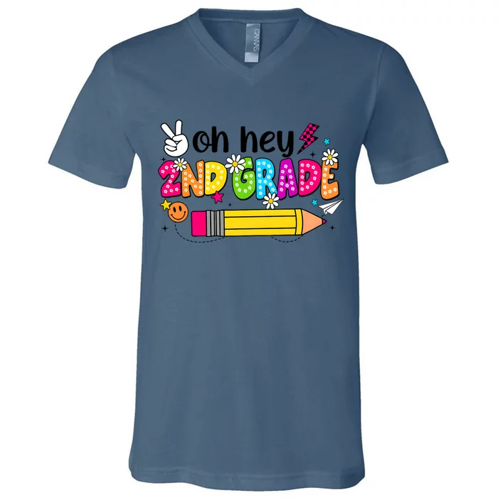 Oh Hey 2nd Grade Back To School Students Teachers Groovy V-Neck T-Shirt