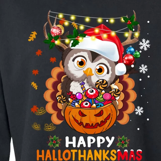 Owl Halloween And Merry Christmas Happy Hallothanksmas Cropped Pullover Crew