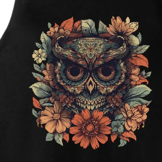 Owl Halloween Dia De Los Muertos Floral Sugar Skull Ladies Tri-Blend Wicking Tank