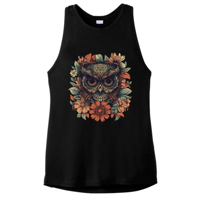 Owl Halloween Dia De Los Muertos Floral Sugar Skull Ladies Tri-Blend Wicking Tank