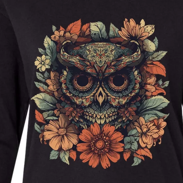 Owl Halloween Dia De Los Muertos Floral Sugar Skull Womens Cotton Relaxed Long Sleeve T-Shirt