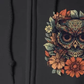 Owl Halloween Dia De Los Muertos Floral Sugar Skull Full Zip Hoodie